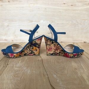Denim floral cork wedges